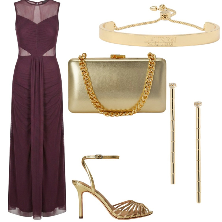 Outfit donna - Matrimonj estivi. Stile Glamour per Cerimonia. Abbinamento con vestiti lunghi, clutch, orecchini, braccialetti, sandali in pelle.