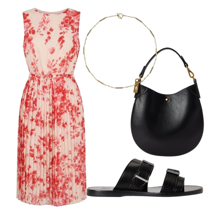 Outfit donna - Mi vesto così per l’ Ufficio a luglio. Stile Romantica per Ufficio. Abbinamento con pochette, sandali in pelle, collane, vestiti midi/longuette.
