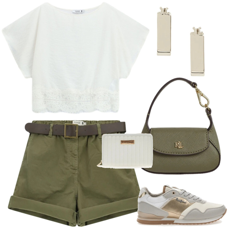 Outfit donna - Freedom. Stile Basic per Tutti i giorni. Abbinamento con borse a mano, orecchini, shorts, bluse, sneakers, portafogli.