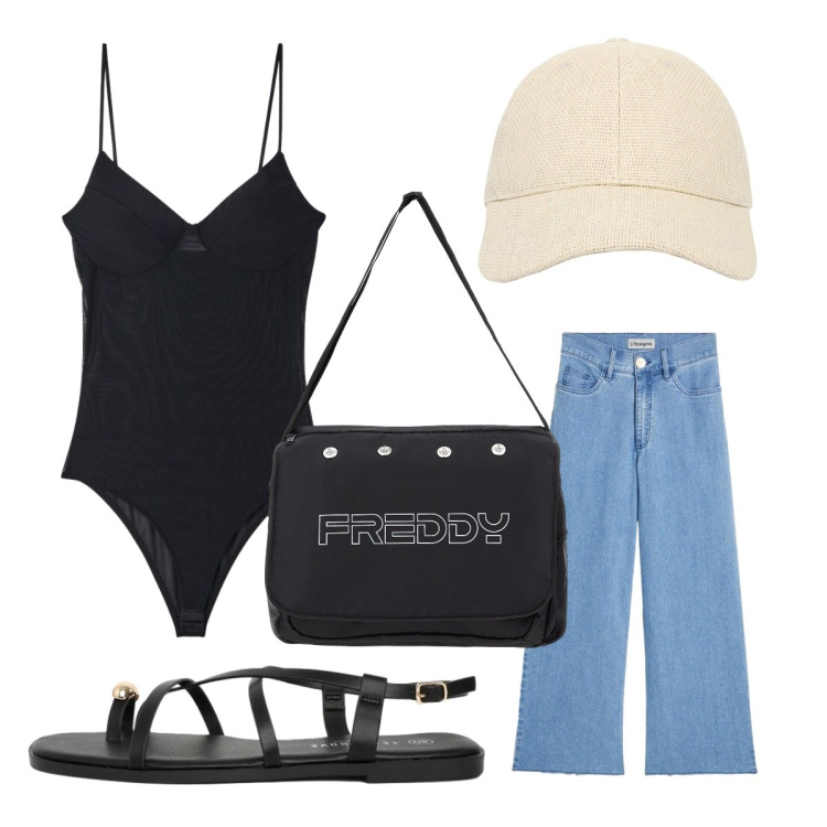 Outfit donna - Body trendy. Stile Urban per Tutti i giorni. Abbinamento con jeans, cappelli con visiera, canottiere, sandali, borse messenger.