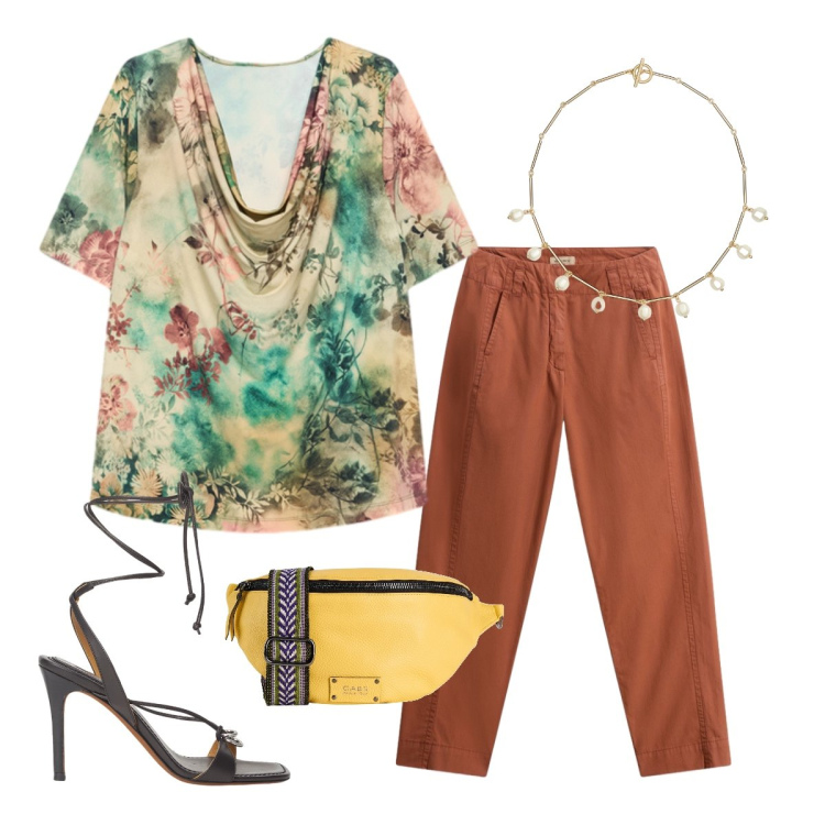 Outfit donna - Luglio. Stile Casual chic per Ufficio. Abbinamento con marsupi, t-shirt, pantaloni, sandali in pelle, collane.