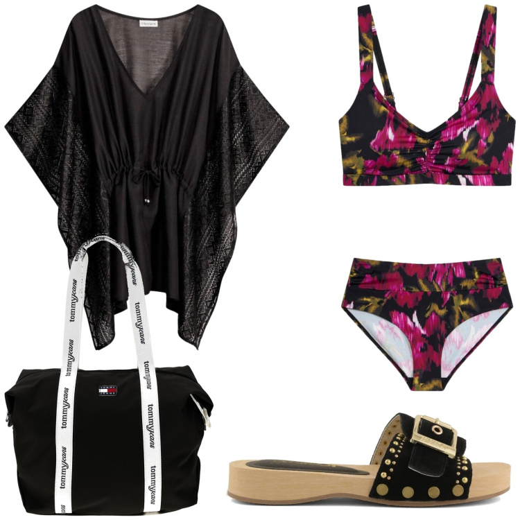 Outfit donna - Giornata al mare. Stile Chic per Mare. Abbinamento con vestiti da spiaggia, bikini, ciabatte, shopping bag.