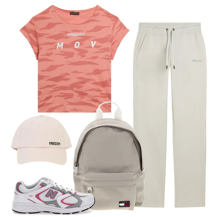 Outfit donna - Movimento. Stile Sporty chic per Tutti i giorni. Abbinamento con pantaloni, t-shirt, cappelli con visiera, sneakers, zaini.