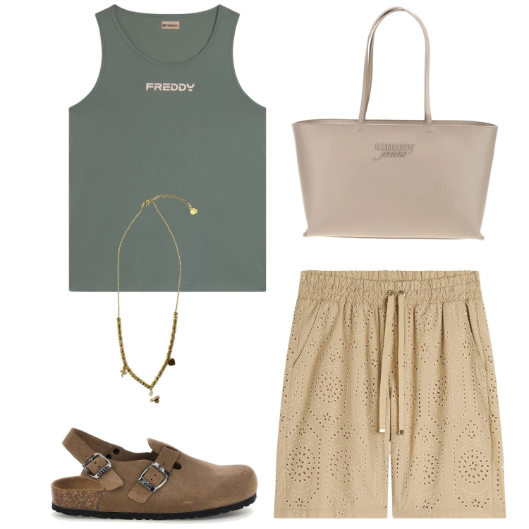 Outfit donna - Summer mood. Stile Sporty chic per Tutti i giorni. Abbinamento con bermuda, ciondoli, canottiere, borse a spalla, sabot.
