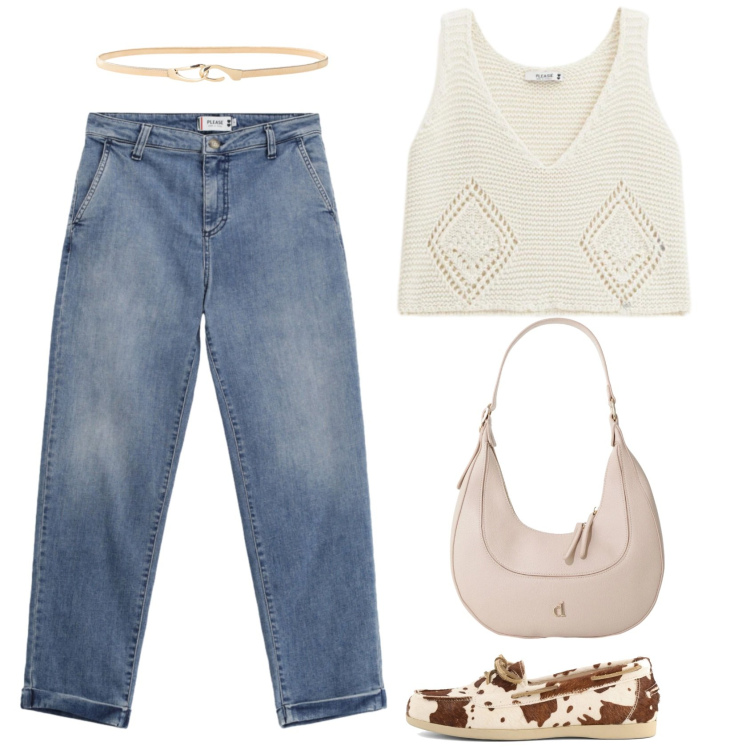 Outfit donna - Macramè. Stile Casual per Tutti i giorni. Abbinamento con jeans, top, borse a tracolla, cinture, mocassini.
