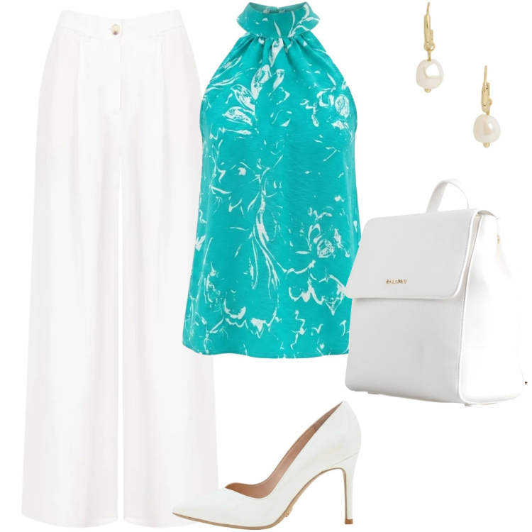 Outfit donna - Elegance. Stile Chic per Cerimonia. Abbinamento con zaini, top, pantaloni a palazzo, décolleté, orecchini.