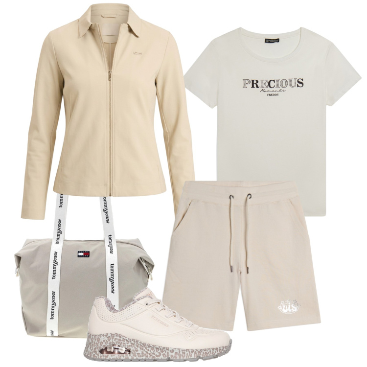Outfit donna - Freddy d’estate. Stile Casual per Tutti i giorni. Abbinamento con pantaloni corti, felpe, t-shirt, sneakers, shopping bag.