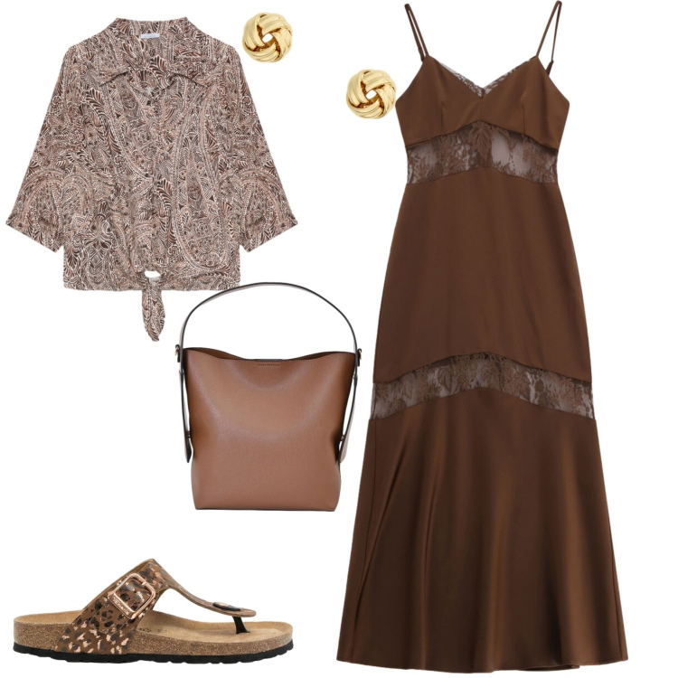 Outfit donna - Casual chic serata evento. Stile Casual chic per Serata fuori. Abbinamento con infradito, borse a mano, vestiti lunghi, camicie, orecchini.