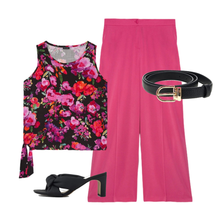 Outfit donna - Minimal chic. Stile Casual chic per Serata fuori. look ideale per Tall. Abbinamento con top, pantaloni a palazzo, cinture, sandali col tacco.