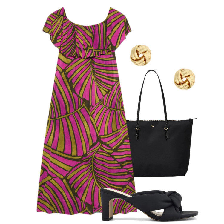 Outfit donna - Fiorella Rubino tropicale. Stile Glamour per Tutti i giorni. Abbinamento con vestiti lunghi, borse tote, orecchini, sandali col tacco.
