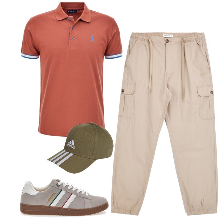 Outfit uomo - Casual. Stile Casual per Tutti i giorni. Abbinamento con cappelli con visiera, sneakers, pantaloni cargo, polo.