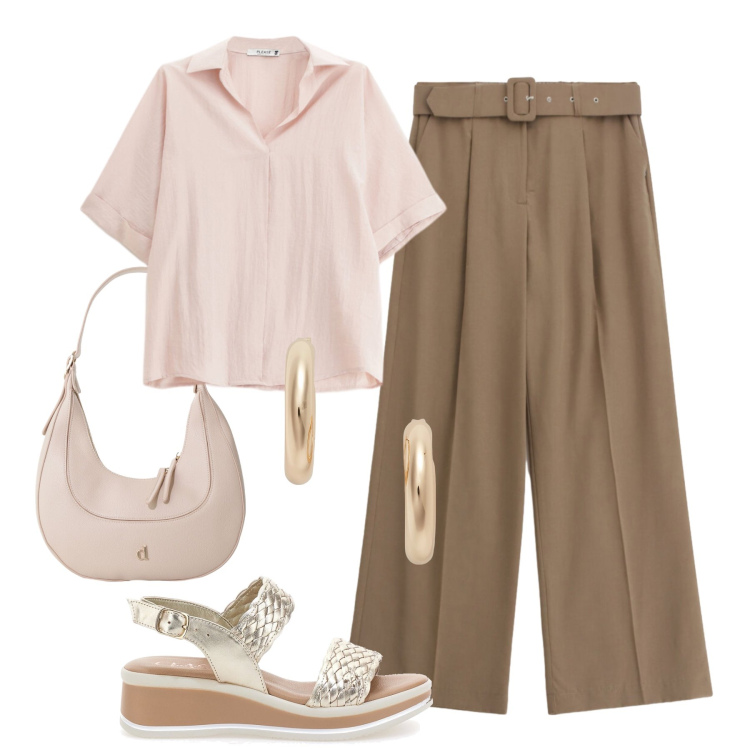 Outfit donna - Libertà con stile. Stile Trendy per Tutti i giorni. Abbinamento con pantaloni a palazzo, camicie a manica corta, borse a tracolla, orecchini, sandali.