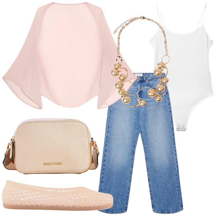 Outfit donna - Total look #2433778. Stile Casual per Tutti i giorni. Abbinamento con borse a tracolla, jeans dritti, top, blazer, collane, ballerine.