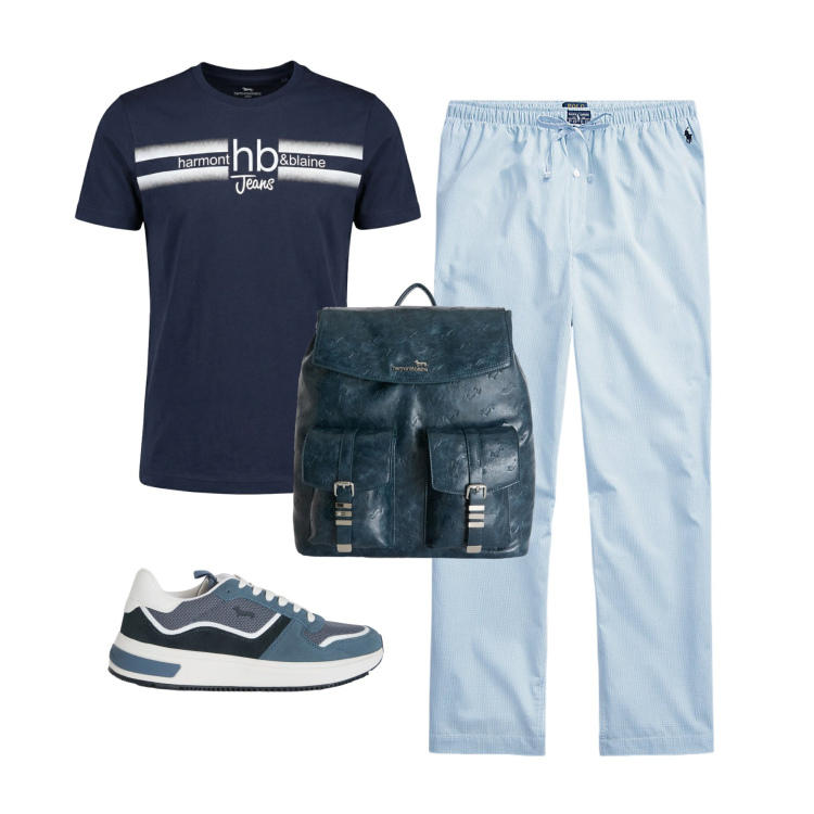 Outfit uomo - Blu in Libertà. Stile Casual per Tutti i giorni. Abbinamento con borse sportive, t-shirt, sneakers, pantaloni.