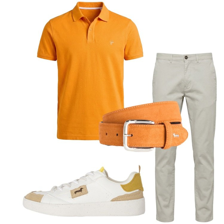 Outfit uomo - Polo protagonista. Stile Trendy per Serata speciale. Abbinamento con polo, pantaloni, cinture, sneakers.