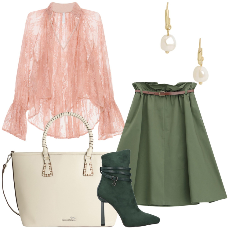 Outfit donna - Total look #2433792. Stile Glamour per Tutti i giorni. Abbinamento con stivaletti, shopping bag, orecchini, gonne longuette, bluse.