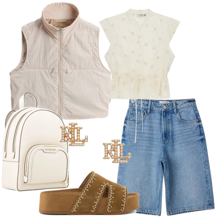 Outfit donna - Total look #2433793. Stile Casual chic per Tutti i giorni. Abbinamento con zaini, bermuda, top, orecchini, gilet, zeppe.
