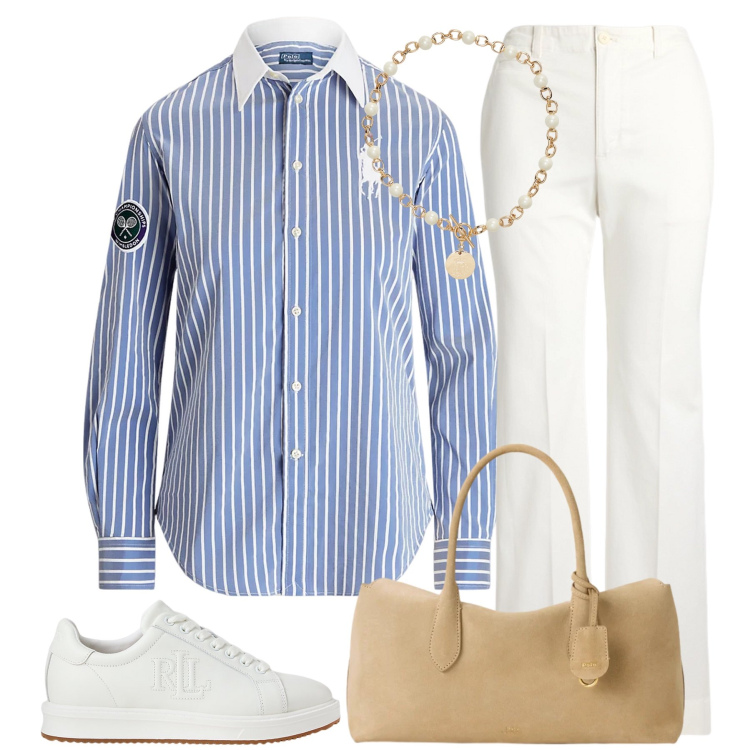 Outfit donna - Total look #2433795. Stile Glamour per Tutti i giorni. Abbinamento con collane, camicie, sneakers, pantaloni, borse a mano.