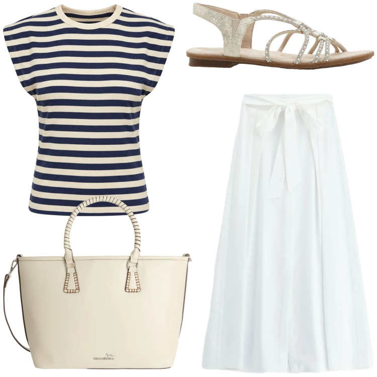 Outfit donna - Nautical Chic. Stile Bon Ton per Tutti i giorni. Abbinamento con sandali, shopping bag, t-shirt, gonne lunghe.