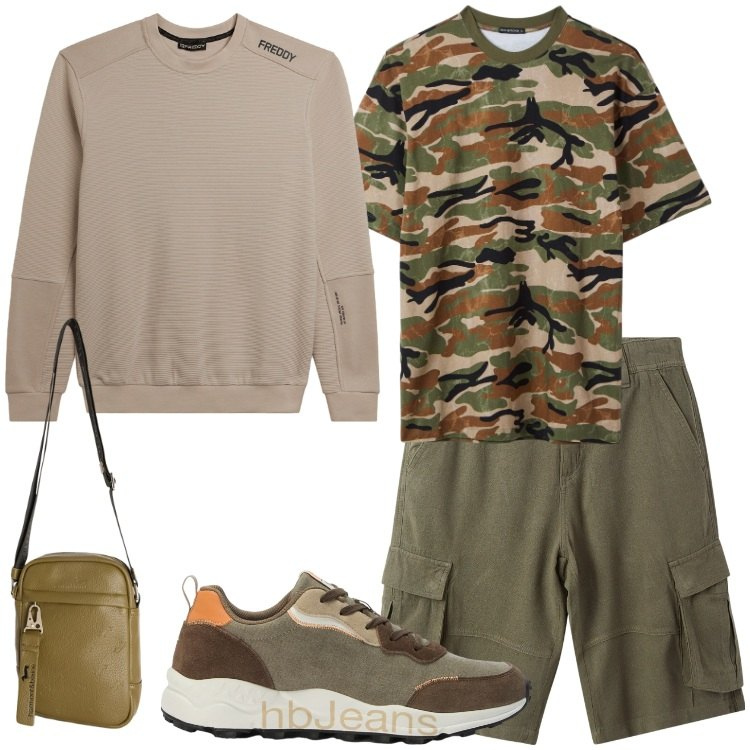 Outfit uomo - Military style. Stile Trendy per Tutti i giorni. Abbinamento con borse sportive, sneakers, bermuda, t-shirt, felpe.
