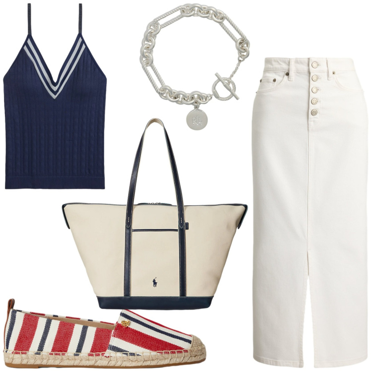 Outfit donna - Eleganza rilassata. Stile Chic per Tutti i giorni. Abbinamento con gonne lunghe, braccialetti, borse tote, espadrillas, canottiere.
