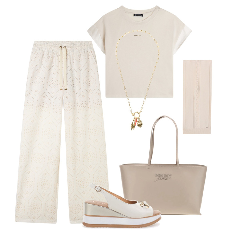 Outfit donna - Sangallo Freddy. Stile Sporty chic per Tutti i giorni. Abbinamento con t-shirt, pantaloni, ciondoli, sciarpe, sandali in pelle, borse a spalla.