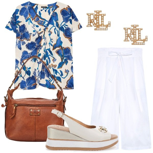 Outfit donna - Colorful Summer Fiorella Rubino. Stile Casual chic per Tutti i giorni. Abbinamento con bluse, pantaloni, orecchini, sandali in pelle, borse a spalla.