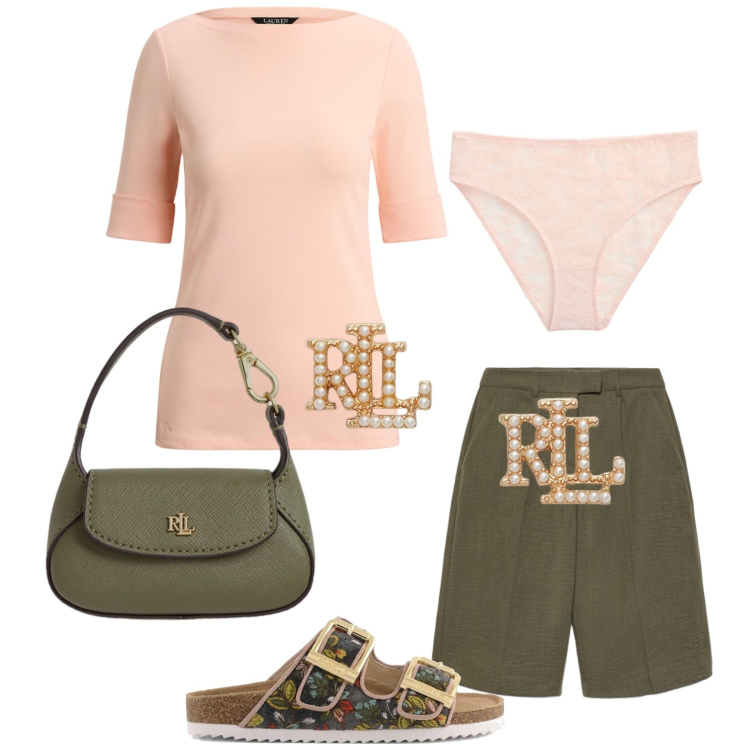 Outfit donna - Total look #2433807. Stile Chic per Tutti i giorni. Abbinamento con bermuda, orecchini, t-shirt, borse a mano, culotte, ciabatte.
