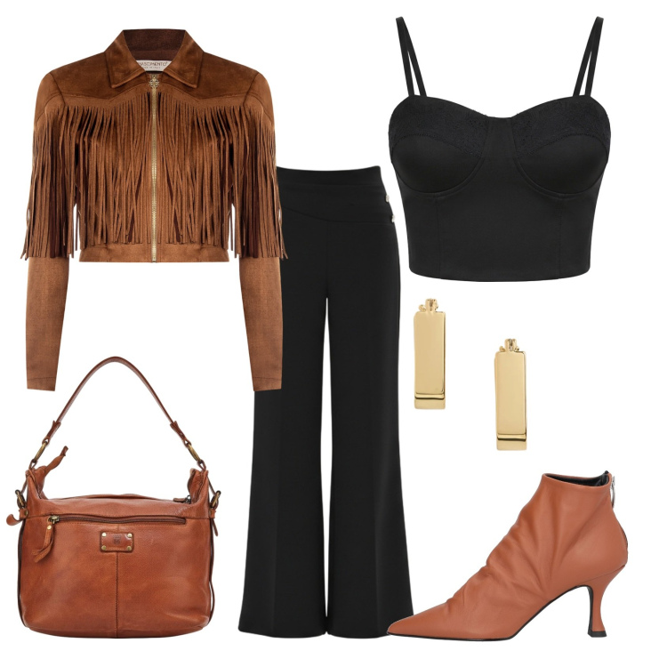 Outfit donna - Total look #2433808. Stile Glamour per Cerimonia. Abbinamento con stivaletti, giacche, pantaloni a palazzo, top, orecchini, borse a spalla.