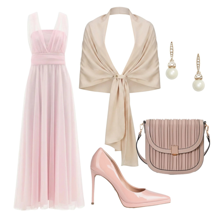 Outfit donna - Total look #2433810. Stile Glamour per Cerimonia. Abbinamento con décolleté, orecchini, vestiti lunghi, stole, borse a tracolla.