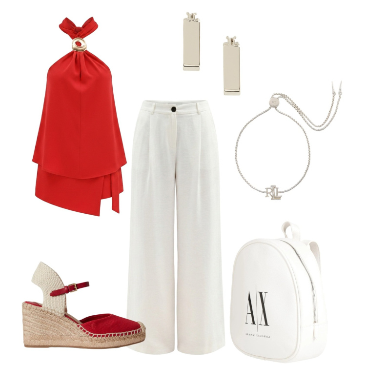 Outfit donna - Total look #2433815. Stile Chic per Cerimonia. Abbinamento con zaini, top, pantaloni a palazzo, braccialetti, zeppe, orecchini.