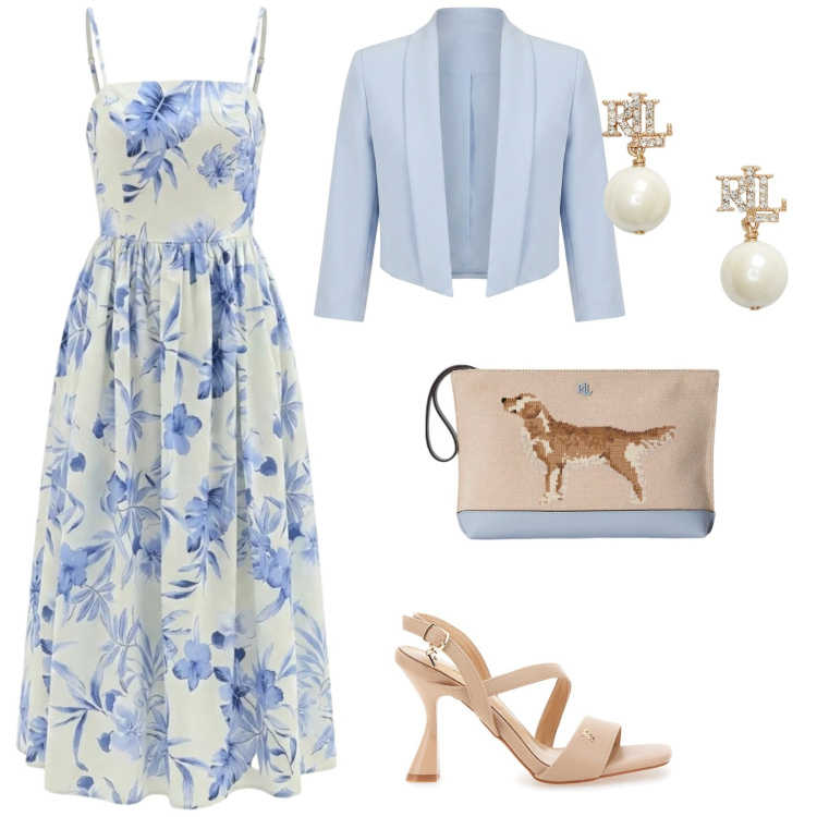 Outfit donna - Eleganza estiva. per Cerimonia. Abbinamento con orecchini, pochette, bolero, vestiti midi/longuette, sandali col tacco.
