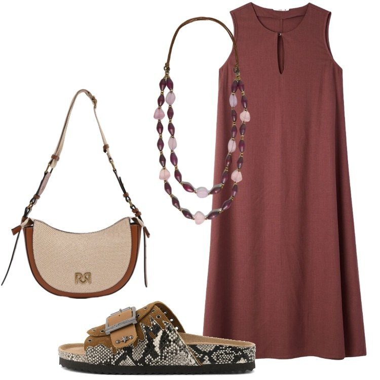 Outfit donna - Abiti fluidi d’estate Curvy Style. Stile Basic per Tutti i giorni. Abbinamento con vestiti lunghi, borse a tracolla, collane, sandali.