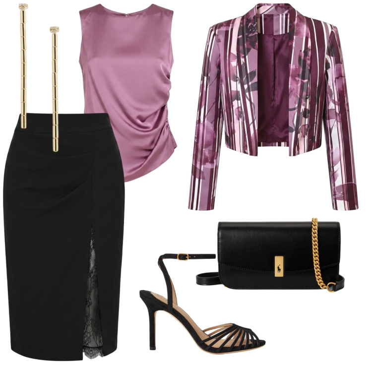 Outfit donna - Viola cerimonia. per Cerimonia. Abbinamento con blazer, canottiere, gonne longuette, clutch, sandali col tacco, orecchini.