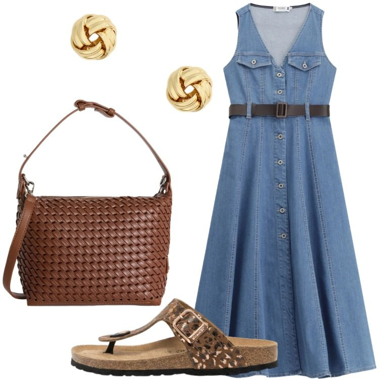 Outfit donna - Abito svasato in denim. Stile Urban per Tutti i giorni. Abbinamento con infradito, borse a spalla, orecchini, vestiti midi/longuette.