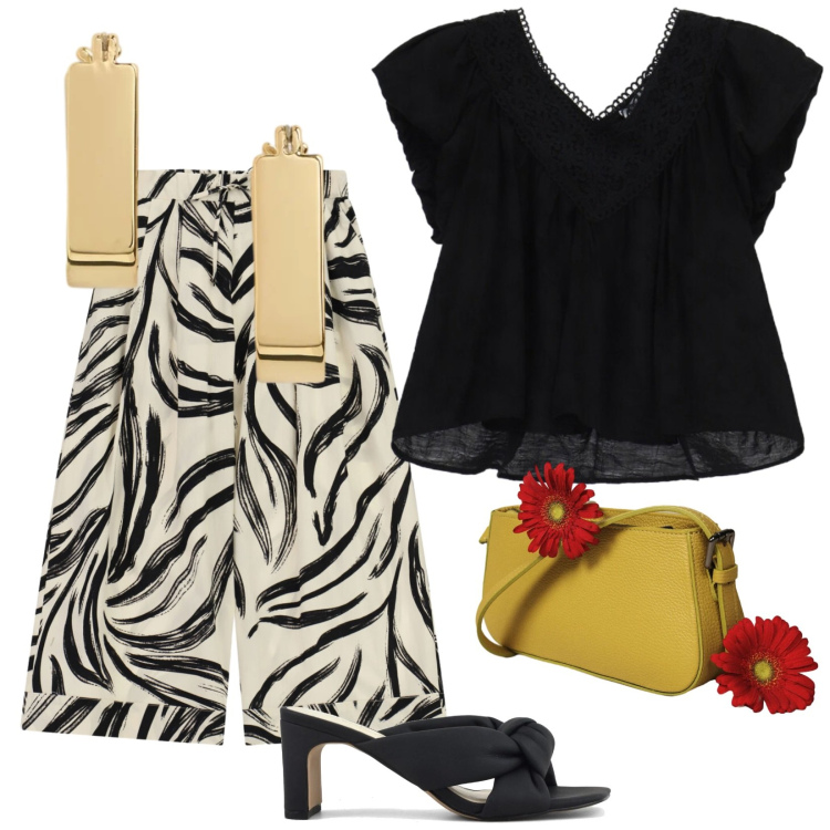 Outfit donna - I saldi Please. Stile Casual chic per Serata fuori. Abbinamento con pantaloni a palazzo, bluse, borse a spalla, orecchini, sandali col tacco.