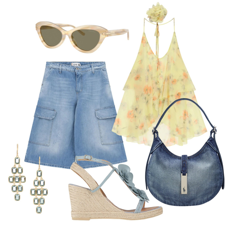 Outfit donna - Luglio. Stile Trendy per Tutti i giorni. Abbinamento con espadrillas, top, bermuda, borse a spalla, occhiali da sole, orecchini.