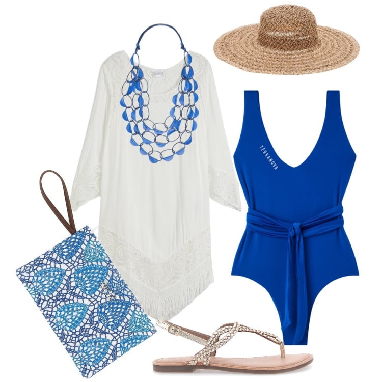 Outfit donna - Brunch al bar della spiaggia. Stile Glamour per Tutti i giorni. Abbinamento con vestiti da spiaggia, costumi interi, collane, pochette, sandali, cappelli.
