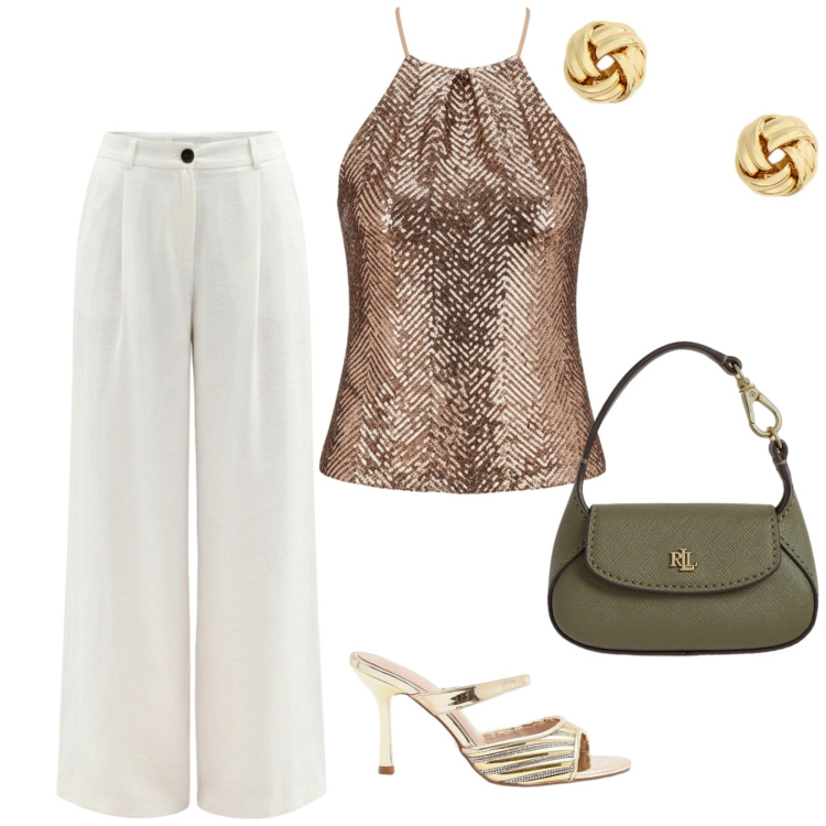 Outfit donna - Rinascimento. per Cerimonia. Abbinamento con sabot, pantaloni a palazzo, top, orecchini, borse a mano.
