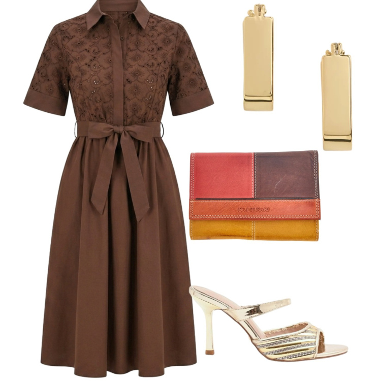 Outfit donna - Eleganza. per Cerimonia. Abbinamento con sabot, vestiti chemisier, orecchini, portafogli.