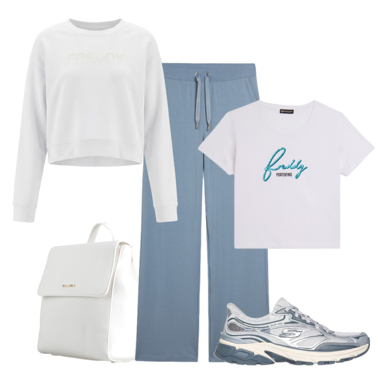 Outfit donna - Mood sportivo. Stile Casual per Tutti i giorni. Abbinamento con zaini, pantaloni, t-shirt, felpe, sneakers.