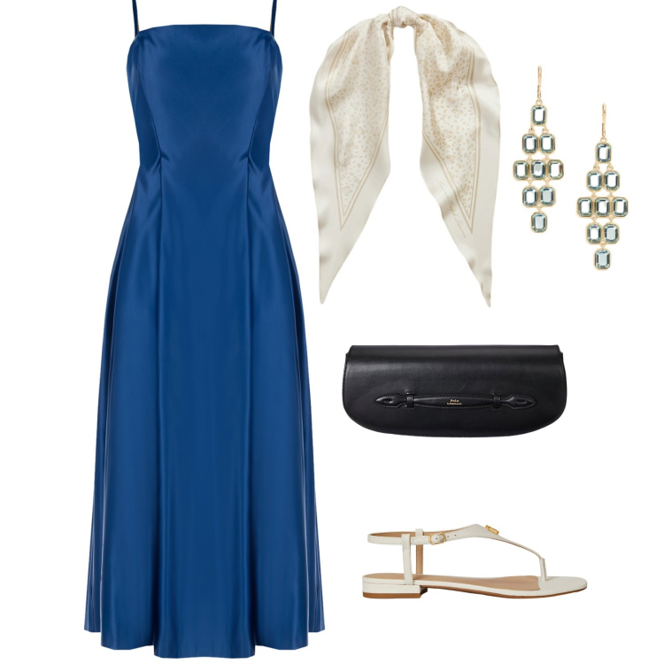 Outfit donna - Eleganza. per Cerimonia. Abbinamento con vestiti midi/longuette, clutch, sandali in pelle, foulard, orecchini.