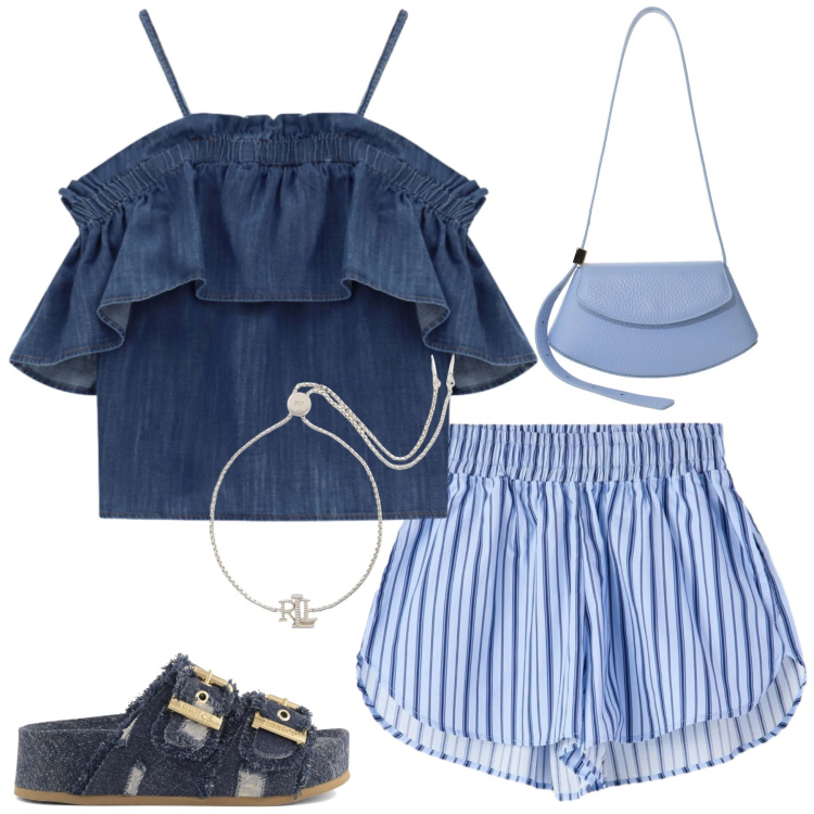 Outfit donna - Total look #2433841. Stile Casual chic per Tutti i giorni. Abbinamento con shorts, braccialetti, top, borse a spalla, zeppe.