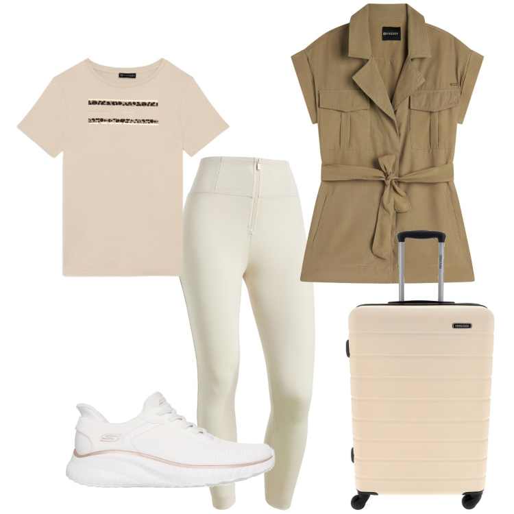 Outfit donna - Pronta a partire. Stile Sporty chic per Tutti i giorni. Abbinamento con trench, pantaloni skinny, t-shirt, sneakers, valigie.