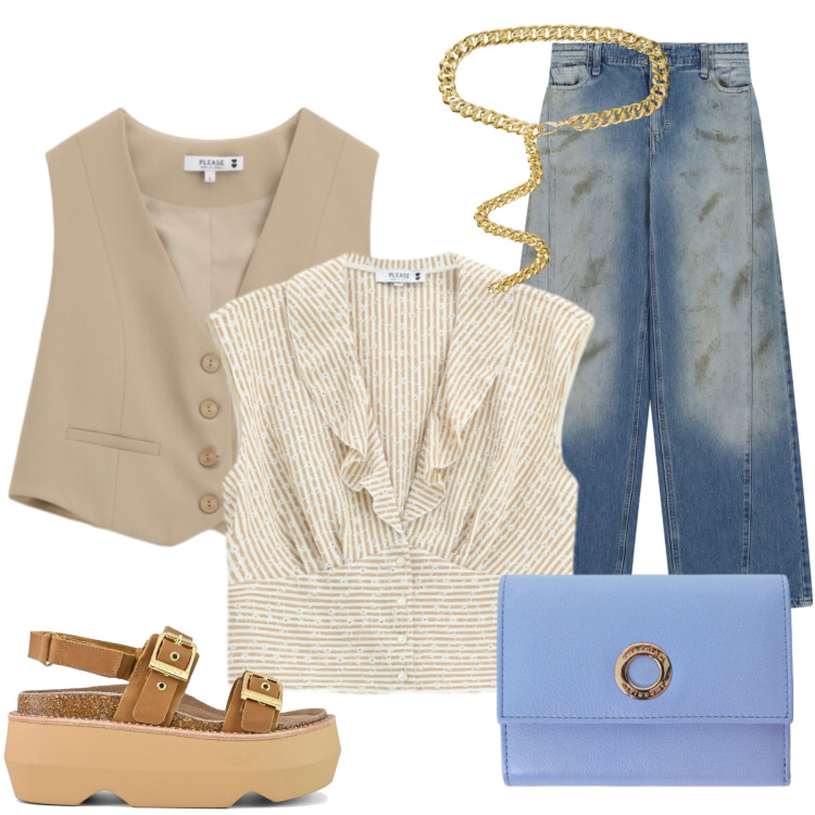 Outfit donna - Total look #2433843. Stile Casual chic per Tutti i giorni. Abbinamento con portafogli, jeans, camicie, gilet, cinture, sandali col tacco.