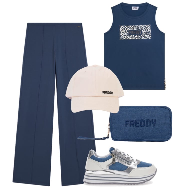 Outfit donna - Blu Summer Freddy. Stile Casual per Tutti i giorni. Abbinamento con pantaloni, canottiere, pochette, cappelli con visiera, sneakers.