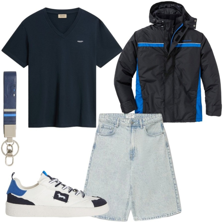 Outfit uomo - Total look #2433848. Stile Casual per Tutti i giorni. Abbinamento con giacche, sneakers, portachiavi, shorts, t-shirt.