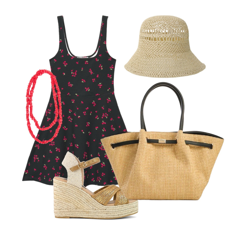 Outfit donna - Luglio. Stile Romantica per Tutti i giorni. Abbinamento con shopping bag, vestiti corti, cappelli, collane, zeppe.