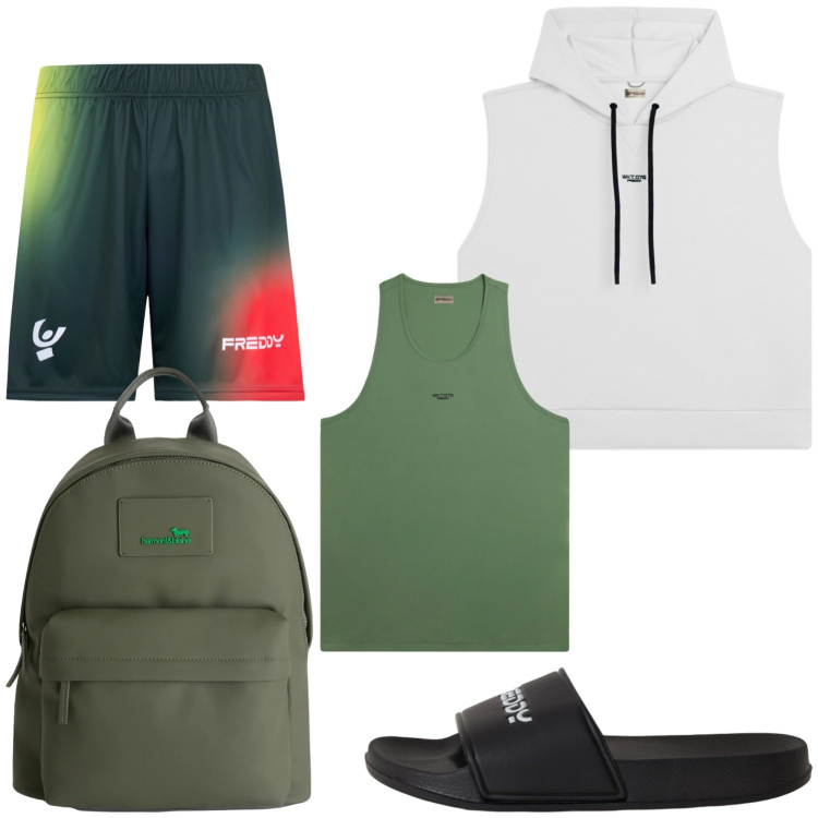 Outfit uomo - Total look #2433852. Stile Biker Rock per Sport. Abbinamento con borse sportive, canottiere, felpe con cappuccio, pantaloni corti, sandali.