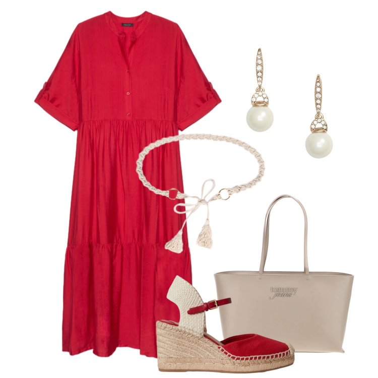 Outfit donna - Rosso “Rubino”. Stile Boho per Tutti i giorni. Abbinamento con vestiti lunghi, cinture, zeppe, orecchini, borse a spalla.
